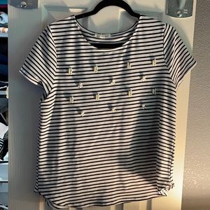 Navy and white striped terry t with embellishments